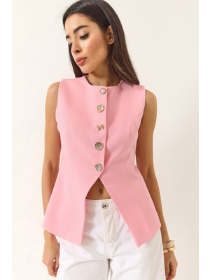 Shade Kadın Regular Bisilet Yaka Gold Düğme Detaylı Astarlı Dokuma Yelek