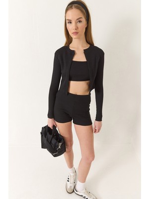 Shade Kadın Kaşkorse Ince Askılı Crop Hırka Şortlu Üçlü Takım