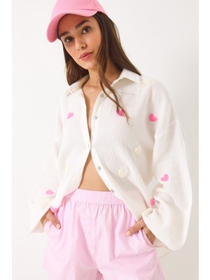 Shade Kadın Süzene Kalp Nakışlı Overisize Müslin Gömlek