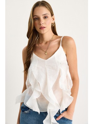 Kadın V Yaka Fırfırlı Volanlı Askılı Bluz Hafif Transparan Bluz