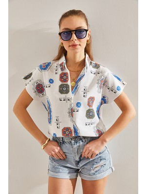 Shade Kadın Desenli Yarasa Kol Keten Gömlek