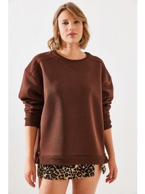 Shade Kadın Bisiklet Yaka Şardonlu Fermuar Detaylı Basic Sweatshirt