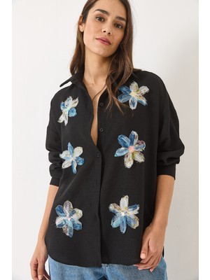 Shade Kadın Tül Çiçek Aksesuarlı Uzun Kollu Pamuk Gömlek