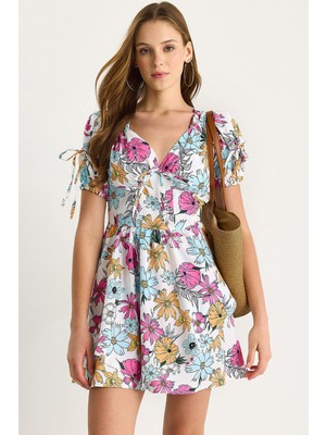 Kadın Çiçek Desenli Fiyonk Detaylı Mini Elbise