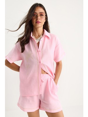 Kadın Palmiye Nakışlı Rahat Gömlek Cep Detaylı Şort Müslin Alt-Üst Takım G-