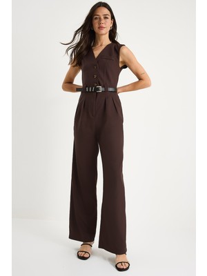 Shade Kadın V Yaka Kemerli Cepli Geniş Paça Tulum