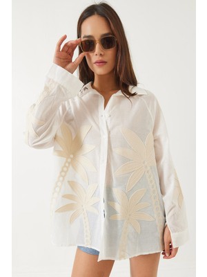 Shade Kadın Palmiye Işlemeli Uzun Kollu Keten Gömlek