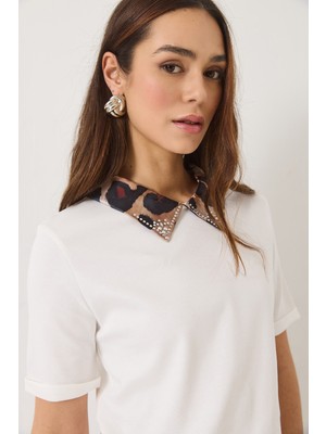 Shade Kadın Leopar Desenli Taş Detaylı Saten Polo Yaka Kısa Kollu T-Shirt