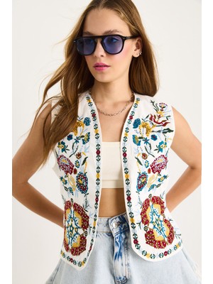 Kadın Nakış ve Payet Işlemeli Astarlı Keten Yelek