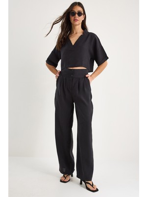 Kadın V Yaka Bluz Yüksek Bel Pantolonlu Modal Alt-Üst Takım