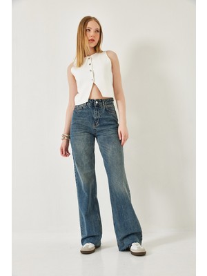 Kadın Straight Wide Yüksek Bel Paçası Kesik Uzun Denim Yıkamalı Pantolon