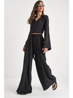 Kadın V Yaka Bağlama Detaylı Bluz Cep Detaylı Beli Lastikli Salaş Pantolonlu Takım