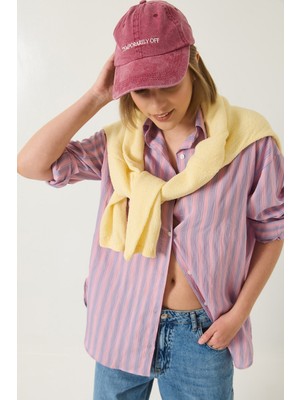 Shade Kadın Tek Cep Detaylı Çizgili Oversize Gömlek