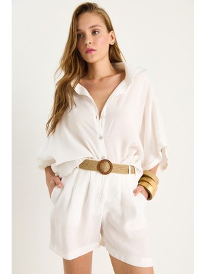 Kadın Yarasa Kol Oversize Gömlek Hasır Kemerli Şort Modal Takım