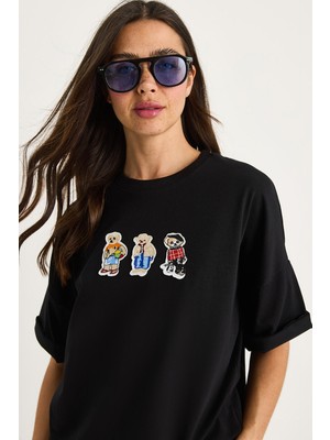 Shade Kadın Teddy Nakışlı Bisiklet Yaka Pamuklu T-Shirt