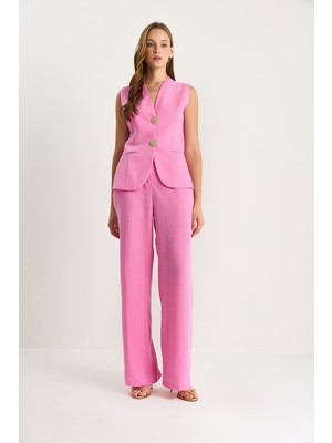 Shade Kadın Gold Düğme Detaylı Yelek Yüksek Bel Pantolonlu Viskon Keten Takım