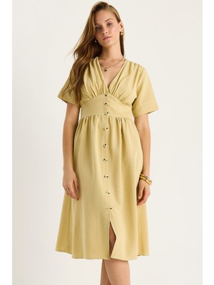 Kadın V Yaka Bel Detaylı Düğmeli Kısa Kollu Viskon Keten Elbise