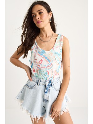 Shade Kadın Desenli Kalın Askılı Dijital Baskılı Regular Yazlık Örme Bluz