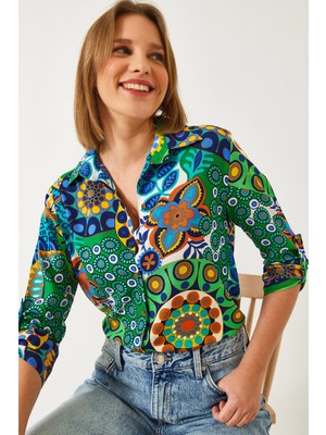 Shade Kadın Multi Desenli Kol Katlamalı Slim Gömlek