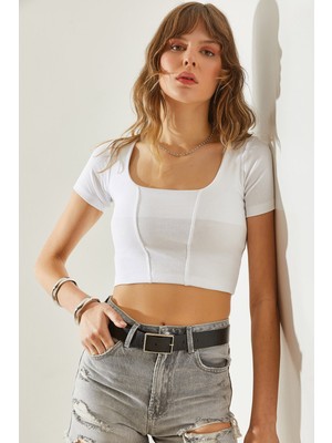 Kadın Kare Yaka Dikiş Detaylı Kısa Kollu Crop T-Shirt