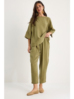 Shade Kadın Kayık Yaka Yarım Kol Bluz Beli Lastikli Şalvar Pantolon Alt-Üst Takım