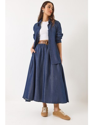 Kadın Kloş Cep Detaylı Kemerli Etek Oversize Uzun Gömlek Yazlık Denim Alt-Üst Takım