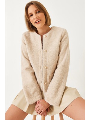 Shade Kadın Düğme Detaylı Kırçıllı Kaşe Kısa Ceket