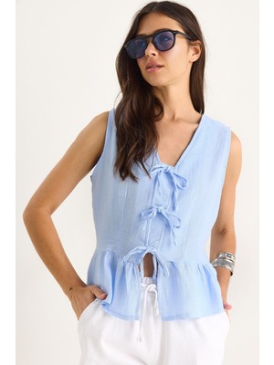 Kadın V Yaka Fiyonk Detaylı Müslin Peplum Bluz G-