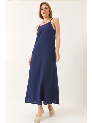 Shade Kadın Askılı Yırtmaç Detaylı Uzun Keten Elbise