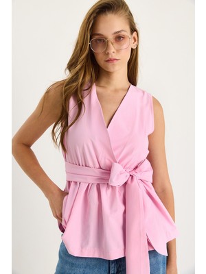 Kadın Beli Lastikli Kruvaze Yaka Kuşaklı Poplin Bluz