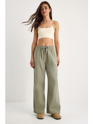 Kadın Beli Lastikli Paça Detaylı Palazzo Kalıp Pamuk Gabardin Yazlık Pantolon