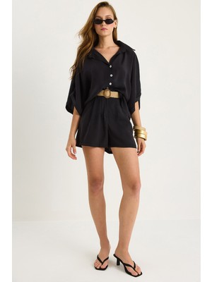 Kadın Yarasa Kol Oversize Gömlek Hasır Kemerli Şort Modal Takım