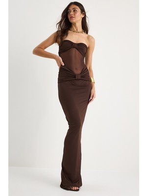 Kadın Straplez Tül Detaylı Saran Sandy Balık Elbise