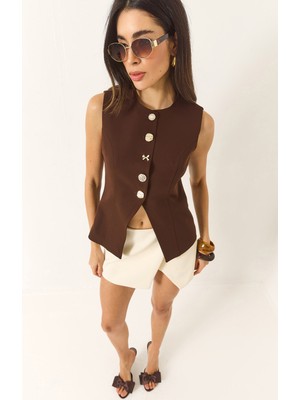 Shade Kadın Regular Bisilet Yaka Gold Düğme Detaylı Astarlı Dokuma Yelek