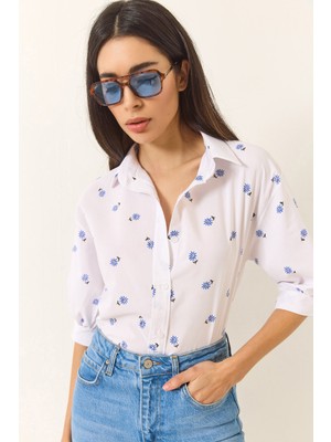 Shade Kadın Minimal Desenli Karpuz Kollu Regular Gömlek