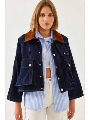 Shade Kadın Yakası Kadife Detaylı Denim Ceket