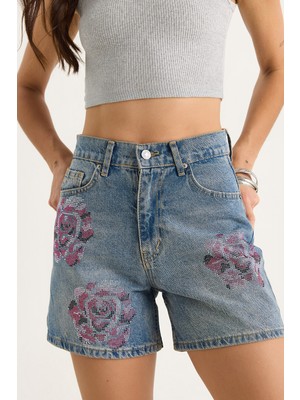 Kadın Gül Desenli Renkli Taş Baskılı Yüksek Bel Denim Şort