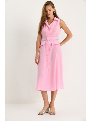 Kadın Ceket Yaka Detaylı Kemerli Yazlık Gömlek Elbise