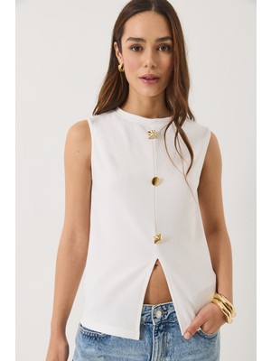 Shade Kadın Bisiklet Yaka Gold Düğme Detaylı Fitilli Bluz