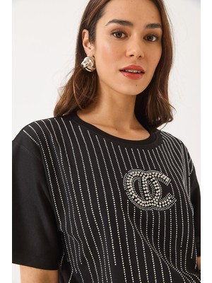 Shade Kadın Bisiklet Yaka Kısa Kollu Boncuk Taş Baskılı Salaş T-Shirt