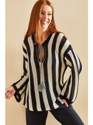 Shade Kadın Çizgili Önden Bağlamalı Ajurlu Triko Kazak
