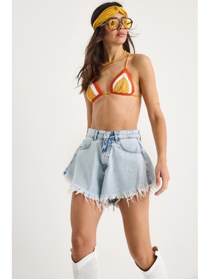 Kadın Püsküllü Yüksek Bel Denim Şort