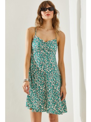 Kadın Büzgü Detaylı Askılı Çiçek Desenli Mini Elbise