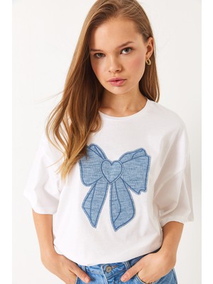 Shade Kadın Denim Kurdele Detaylı Bisiklet Yaka Oversize T-Shirt