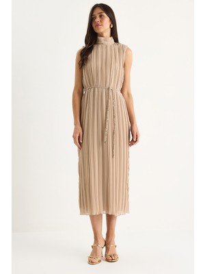 Kadın Kalın Askılı Örgü Kemerli Astarlı Midi Pilise Elbise Fe-