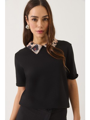 Shade Kadın Leopar Desenli Taş Detaylı Saten Polo Yaka Kısa Kollu T-Shirt