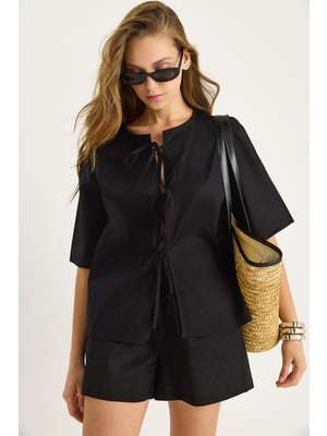 Kadın Masai Bağlamalı Gömlek Beli Lastikli Cep Detaylı Şort Poplin Takım