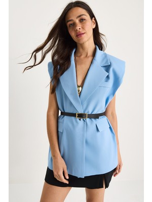 Shade Kadın Cep Detaylı Kemerli Vatkalı Oversize Astarlı Blazer Yelek
