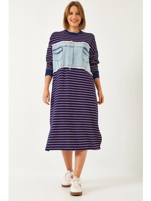 Shade Kadın Çift Cepli Denim Garnili Uzun Elbise