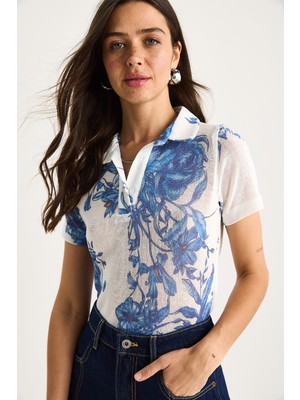 Shade Kadın Polo Yaka Desenli Dijital Baskılı Regular Yazlık Örme Bluz